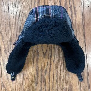 Plaid Trapper Hat with Faux Shearling Lining - Black & Gray Plaid